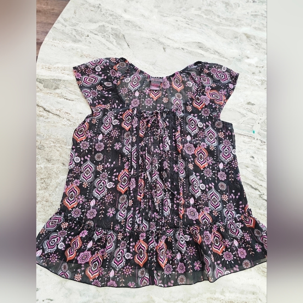 Fire Los Angeles Sheer Boho Floral Print Blouse Ruffle Hem Size M
